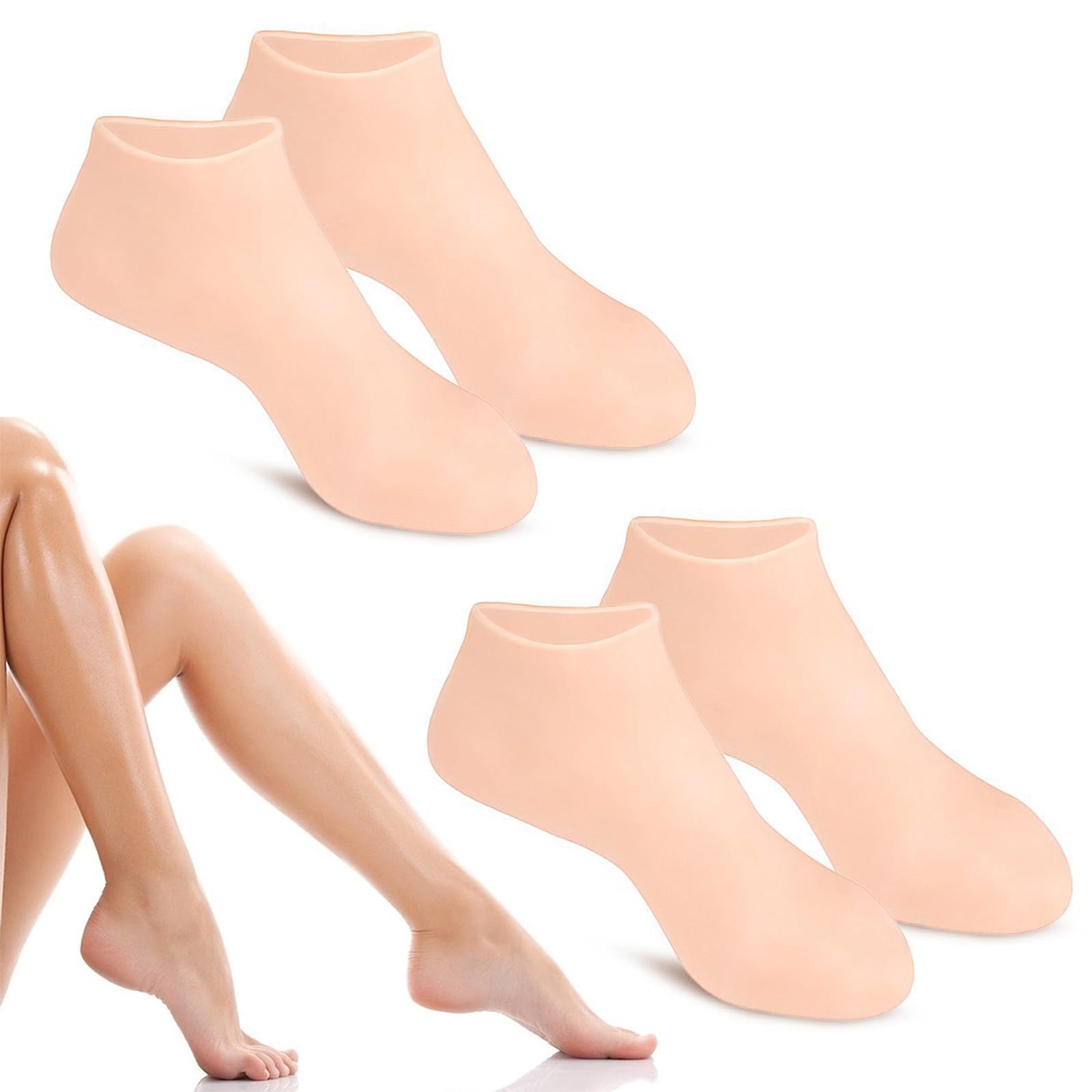 2 Pairs Women Foot Spa Pedicure Silicone Socks - Anti Slip Aloe Socks Calluses Spa Gel Socks Foot Care After Pedicure for Dry Cracked Feet Women (Colour of Skin)